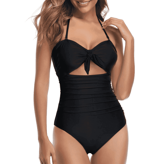 SOMER Women's One Piece Swimsuits Tummy Control Cutout High Waisted Halter Front Tie Knot Bathing Suit Black