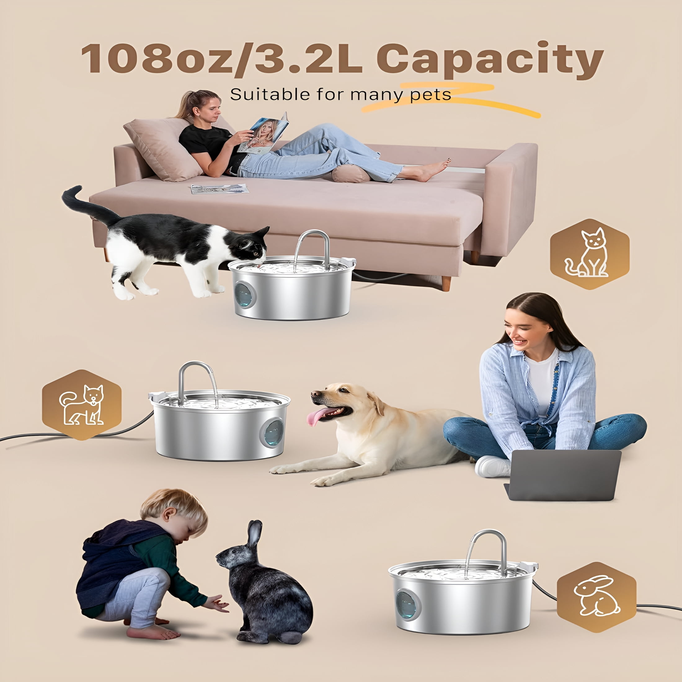ACDANC Stainless Steel Pet Water Fountain: 108Oz/3.2L Cat Fountains with Led Light - Metal Bowl