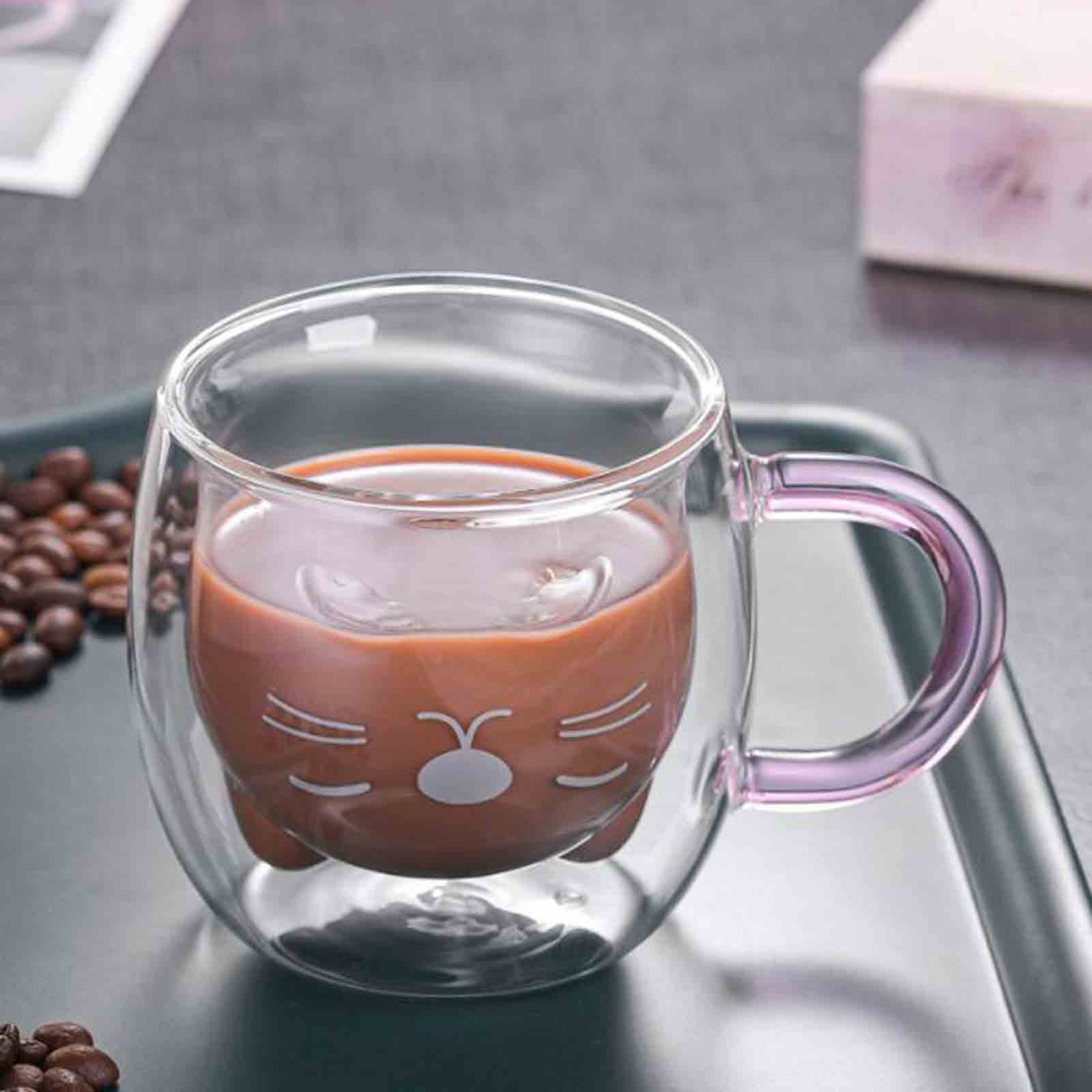 JASHII Glass Mugs Double Wall Glass Mug with Handle, Bear Cat Animal Double-Layer Glass Mug Coffee Cup, Christmas Mug Gift,Cute Tea Milk Cup. 