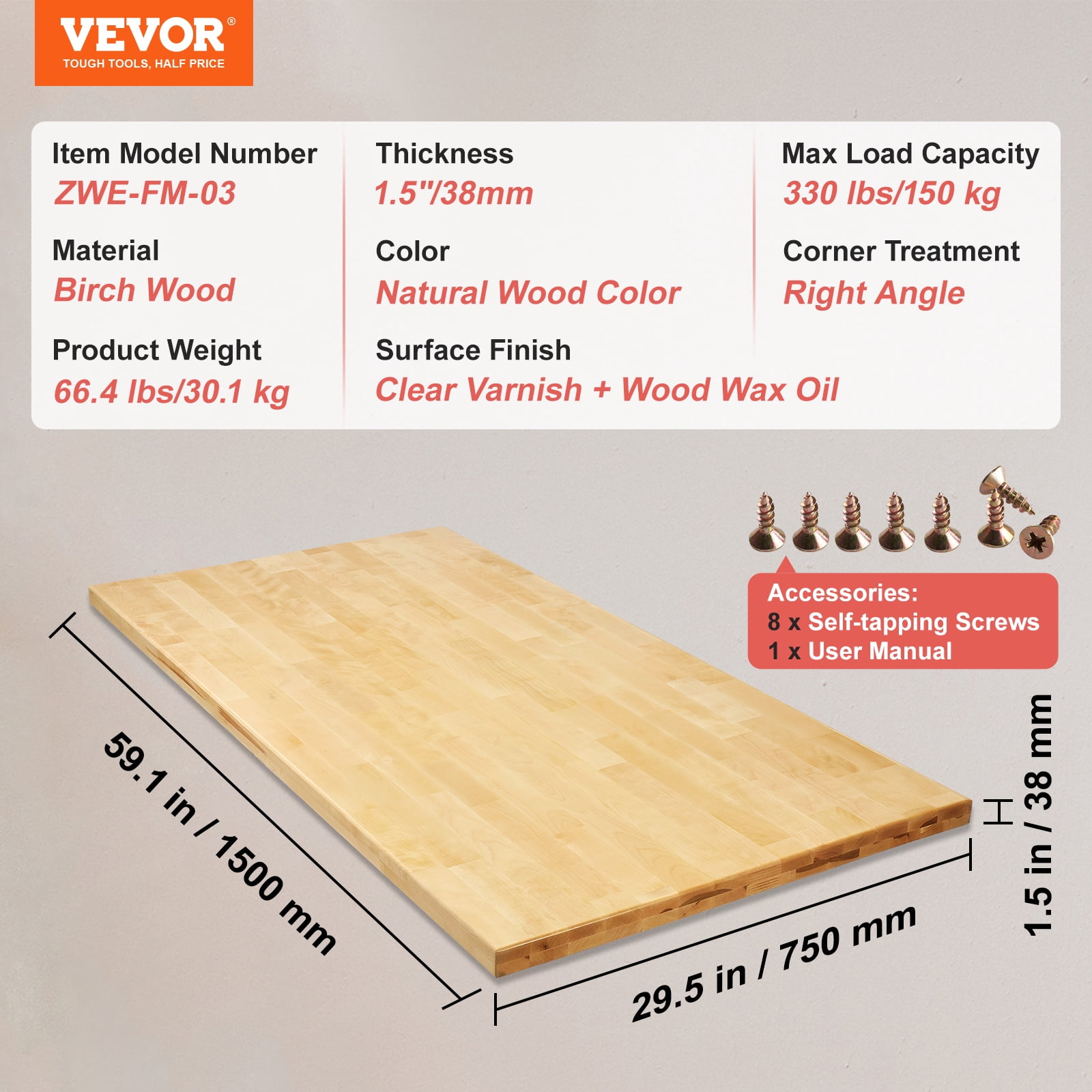 VEVOR Wood Table Top,Holds up to 330 lb, 59.1" x 29.5" x 1.5" Rectangular Countertop for Height Adjustable Electric Standing Desk Frame, Universal Solid One-Piece Maple Desktop for Office&Home Desk