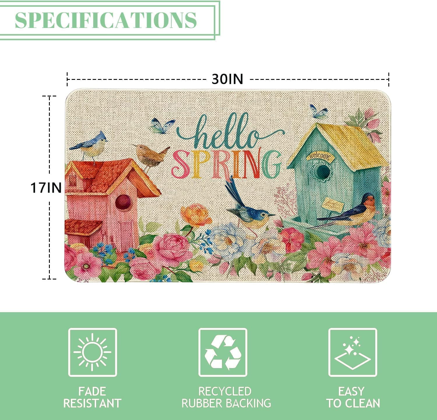 Hello Spring Decor Door Mat Flower Farmhouse Welcome Mats Outdoor Colorful Flowers Doormat Non Slip Rubber Floral Decorative Front Door Mats Indoor Rug 17" x 30"
