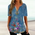 thumbnail image 2 of Penkiiy Tunique Florale pour Femmes Blouse Décontractée Col en V Manches Courtes Boutons T-Shirts m Bleu, 2 of 5