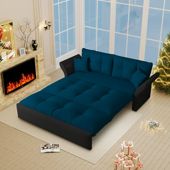 Aukfa 74.8" Queen Pull Out Sofa Bed, Convertible Loveseat Sleeper Sofa Couch with 2 Pillows, Tufted, Blue