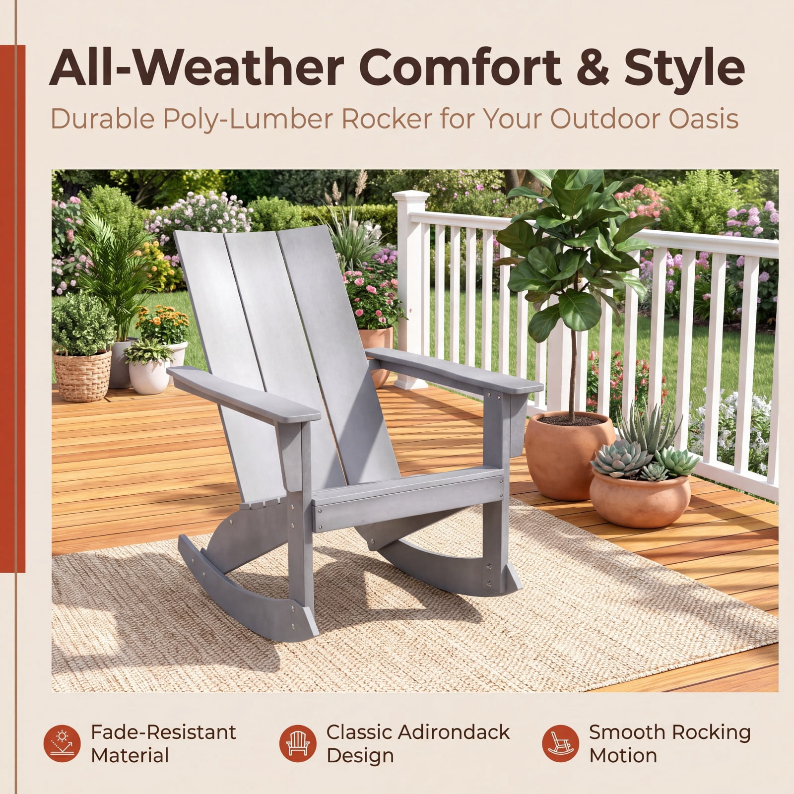 Furnibear HDPE Adirondack Rocking Chair with Curved Back Rounded Armrests and Weather Resistant Build for Porch Balcony Patio and Garden, Gray