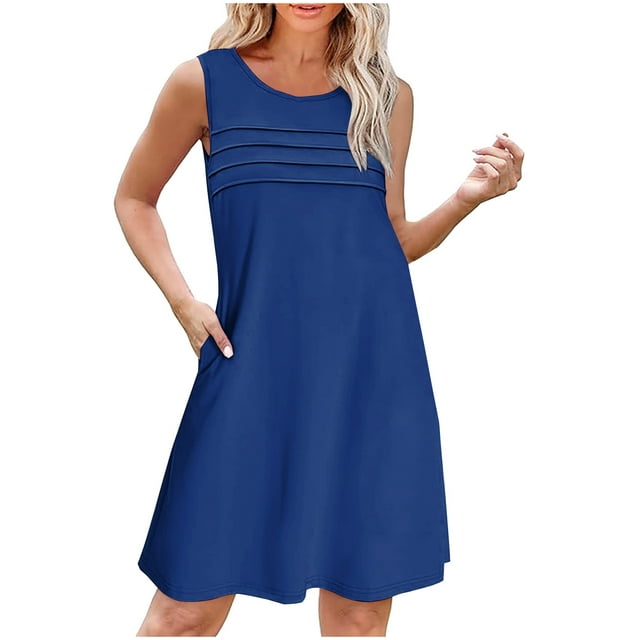 Staron Robes Décontractées pour Femmes Printemps Décontracté Été Sans Manches Plissées Robe d'Été Ample Unie Col Rond Robe Débardeur de Plage