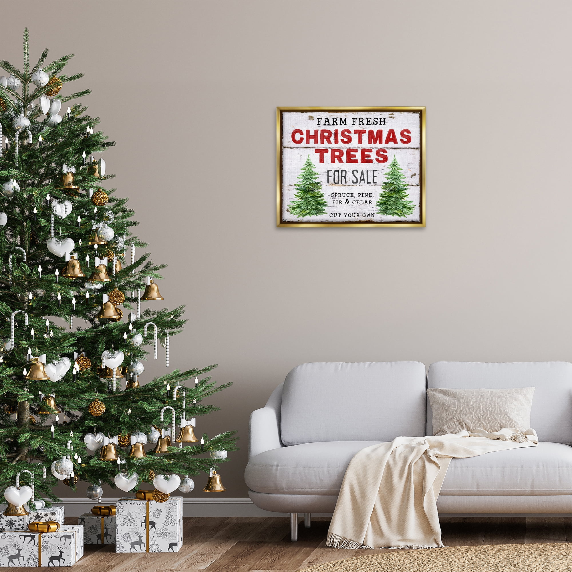 Stupell Industries For Sale Christmas Trees Holiday Painting Gold Floater Framed Canvas Art Prints Wall Art, 31 x 25