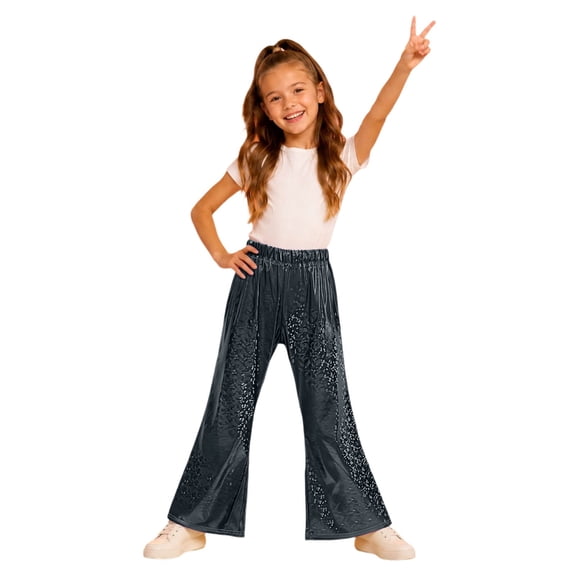 lnmuld Girls Metallic Holographic Flare Pants Shiny Sparkle Bell Bottom Elastic Waist Trousers for Kids Dance Party,10-11 Years