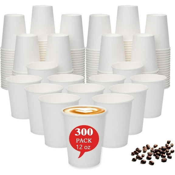 12 oz Paper Cups Disposable 300 Count Bulk White Coffee for Hot & Cold Beverages Party Supplies | Leakproof Recyclable
