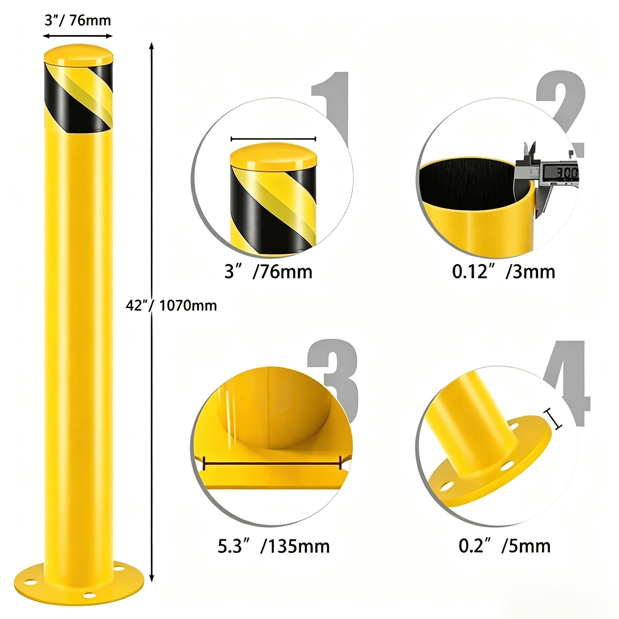 Safety Bollard Post 36/42 inch Height Safety Bollard, 3/3.5 inch Diameter Powder Coated Steel Bollard Post, Industrial Yellow Bolt Down Bollards with Anchor Bolts, Parking Post