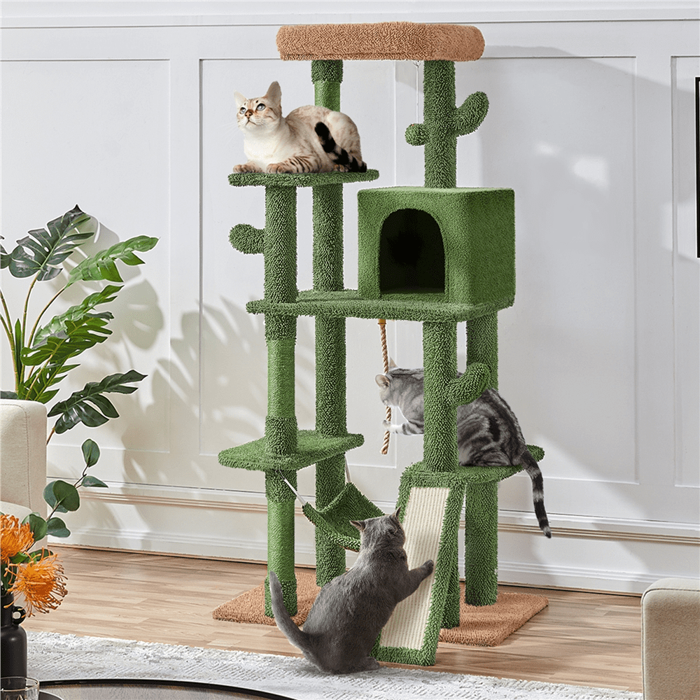 Alden Design 63″ H Multi-Level Cactus Cat Tree with Natural Sisal & Hanging Ball, Green/Brown