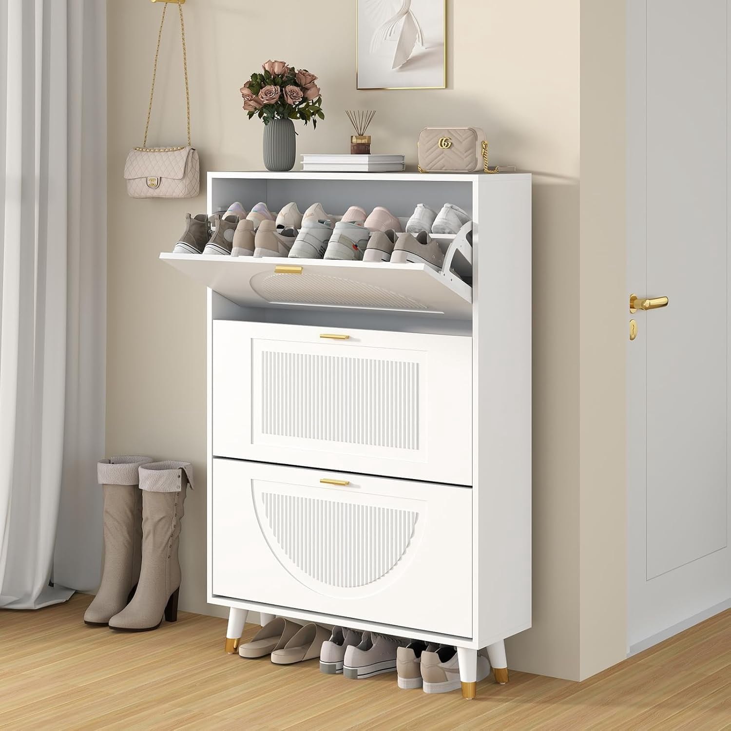Vinform White Shoe Storage Cabinet for Entryway, Hidden Slim Wooden Shoe Organizer Cabinet with 3 Flip Drawers, Shoe Rack Cabinet for Hallway Living Room