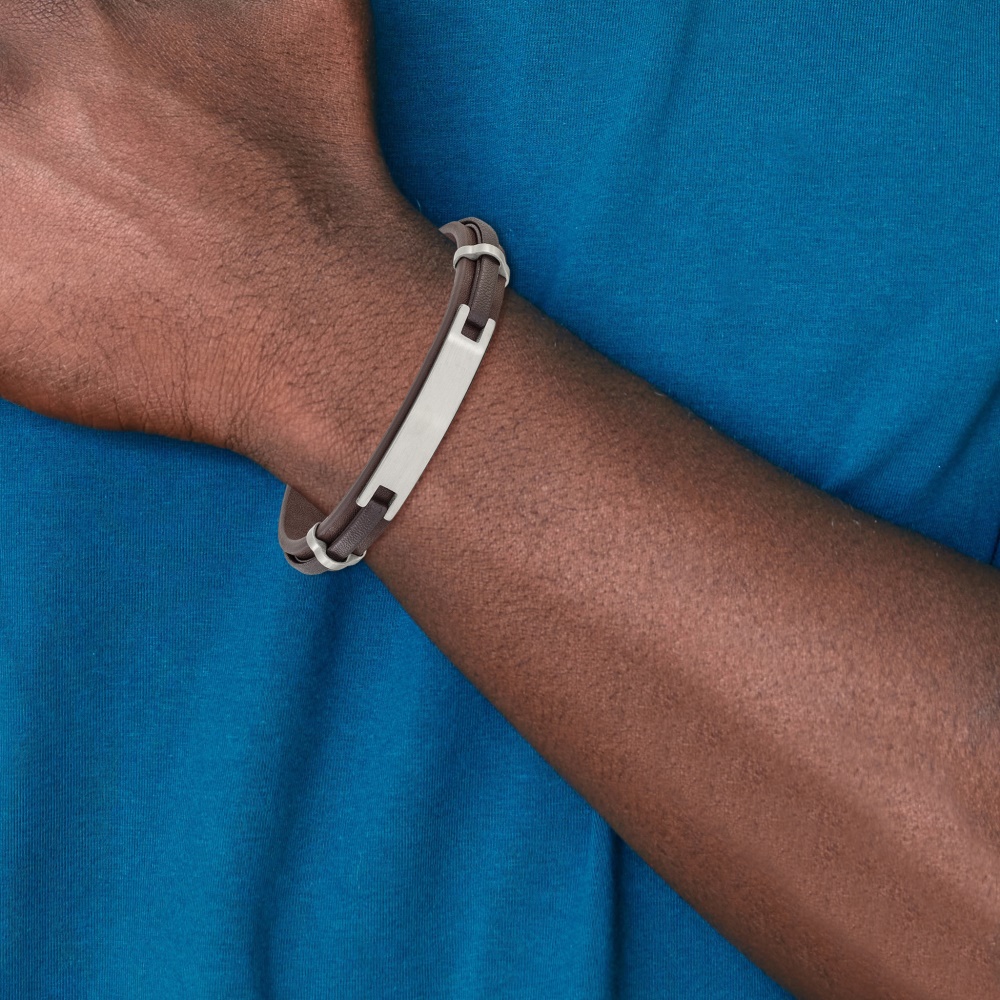 Diamond2Deal Stainless Steel Brushed Brown Leather ID Bracelet for Men 8.5"