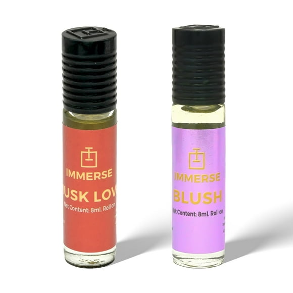 Immerse Musk Love + Blush Attar Roll On Perfume For Men & Women Pack Of 2 X 8ml - 0.27 Fl.oz. Each | Long Lasting Ittar - With Strawberry, Mandarin & Leathery Notes | Non Alcoholic Unisex Attar