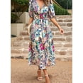 thumbnail image 5 of Womens Summer Dresses 2025 Casual Puff Short Sleeve V Neck Floral Boho Maxi Dress Green XL, 5 of 8