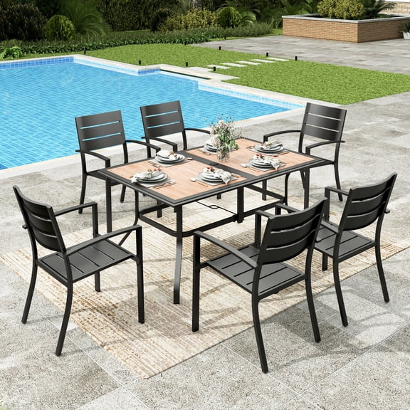 Sophia&William 7Pcs Patio Dining Set Outdoor Metal Stackable Chairs and Rectangular Wooden-like Tabletop Table Furniture Sets for 6