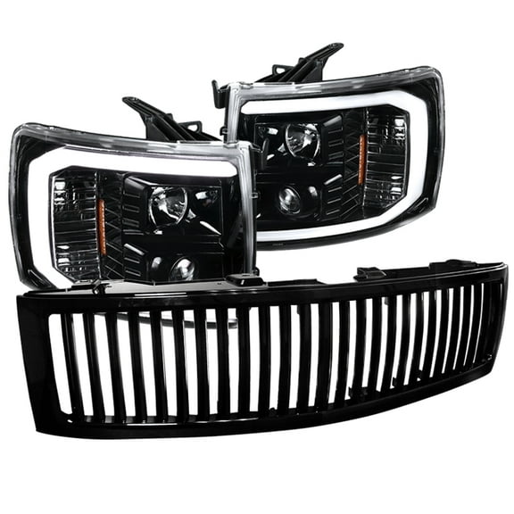 Spec-D Tuning LED Light Bar Jet Black Housing Clear Lens Projector Headlights   Glossy Black Vertical Style Grille Compatible with 2007-2014 Chevrolet Silverado Left   Right Pair Headlamps Assembly
