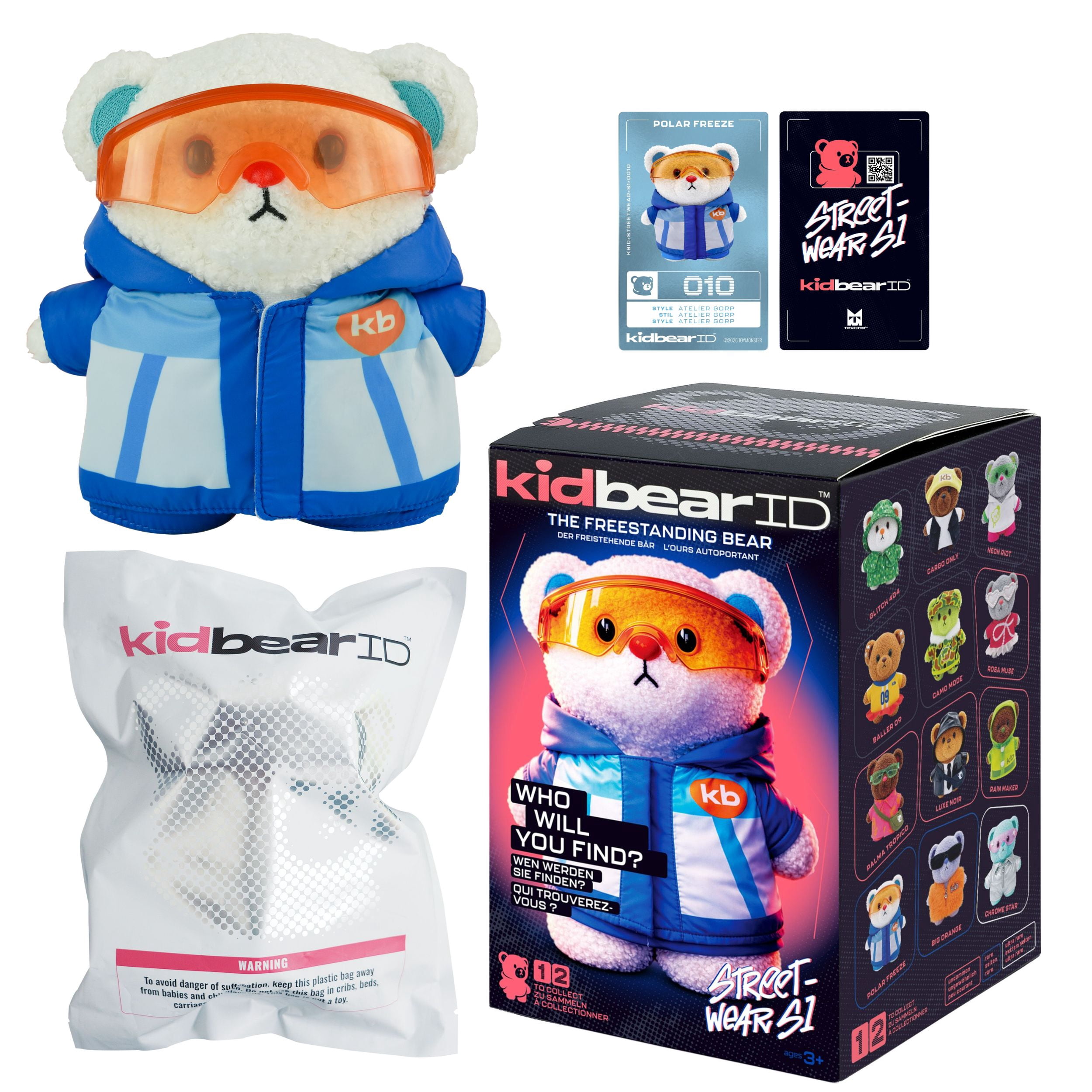 KidbearID Series 1 Streetwear Bears, Weighted Stand-Up Collectible Plush, Interchangeable Outfits, 12 to Collect, Ages 3+