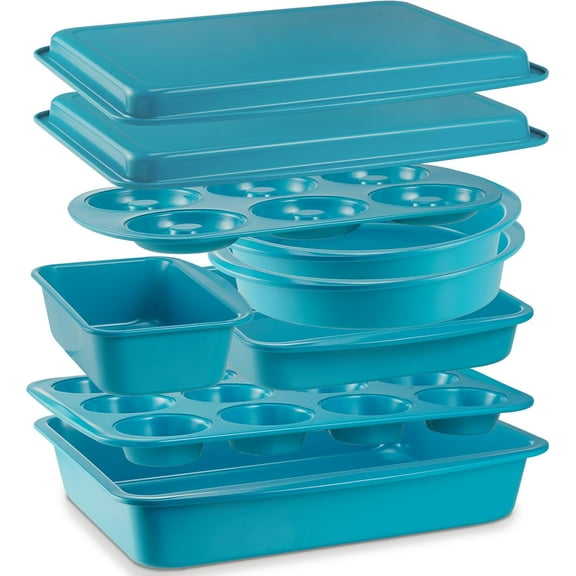 Baking Pans Set, 9-Piece Baking Sheet Set with Non-Stick Coating and Innovative Handles, Includes Exclusive Donut Pan – Ideal for Home and Professional Baking(Turquoise)
