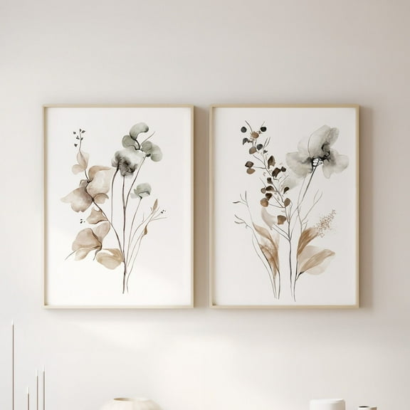 UNFFRAMED Luvia Soft Botanical Wall Art Set of 2 Neutral Leaf and Flower Prints Minimalist Decor Set 2 Prints 8x12