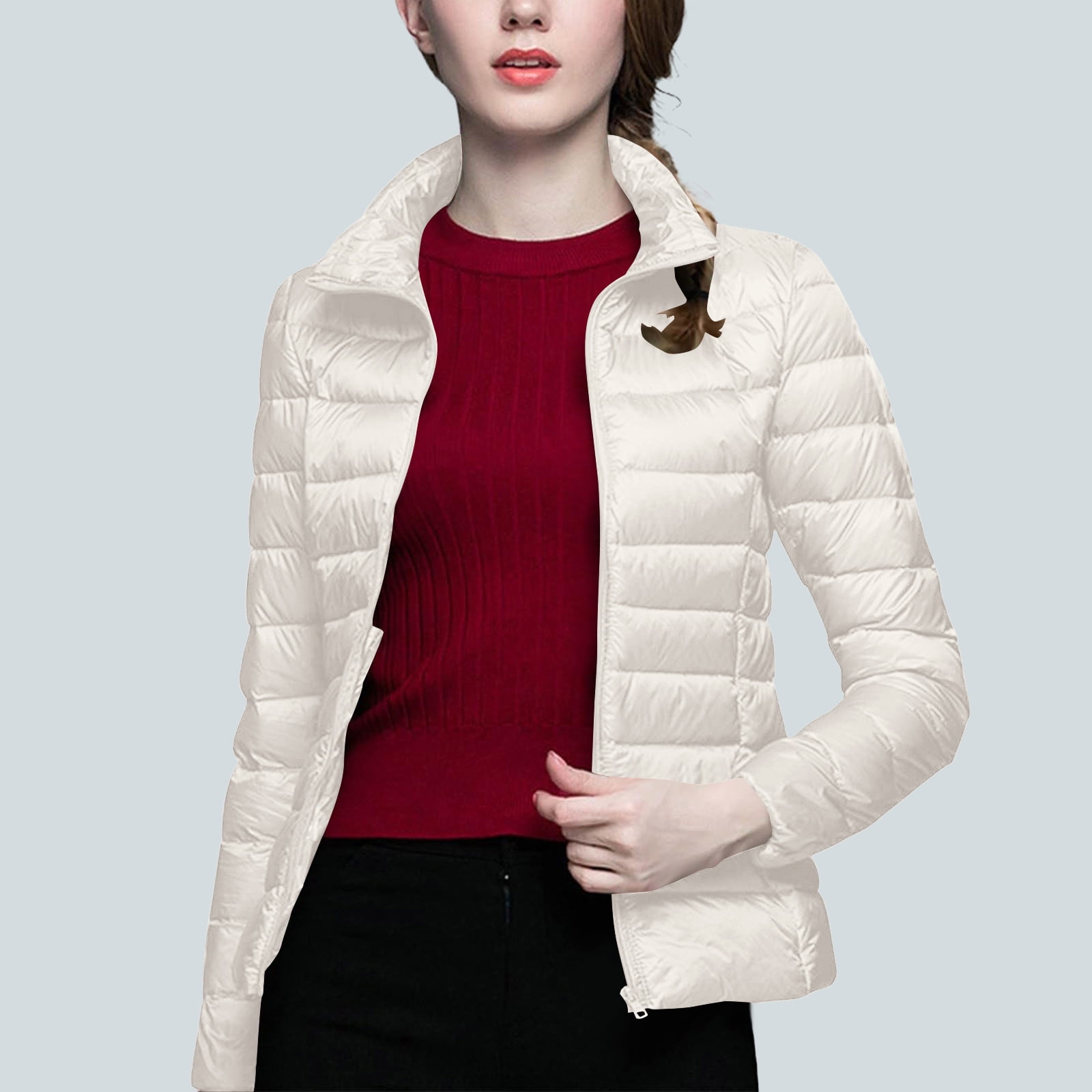 Light Down Jacket Womens Packable Stand Collar Full Zip Quilted Puffer Coat with Pockets Long Sleeve Solid Color (M, White) - image 4
