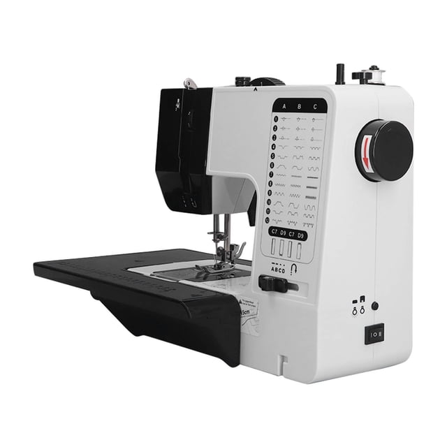 máquina de coser, protección de los ojos, máquina de coser eléctrica de principio y final reforzada con luz para dobladillo de ropa — vista 3/4 frontal de máquina blanca y negra con mesa extensible desplegada, placa de aguja y prensatela visibles; panel lateral muestra selector de 38 puntadas impresas y rueda de mano negra; con luz integrada para coser de noche y reducir la fatiga ocular; tamaño 23 x 28.2 x 11 cm, material ABS/POM/hierro inoxidable, marca Tebru; adecuada como estación portátil para arreglos y dobladillos.