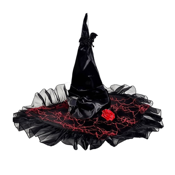 Womens Black Ruffled Witch Hat with Mesh Trim, Pointed Cone Wide Brim Costume Hat, Wizard Headwear for Halloween Party Dress Up Black