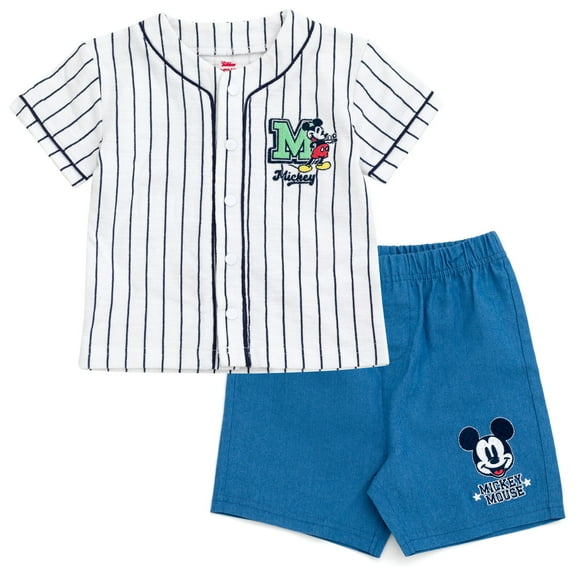 Disney Mickey Mouse Baseball Jersey V-neck Button Down Shirt and Denim Shorts Outfit Set Newborn to Little Kid