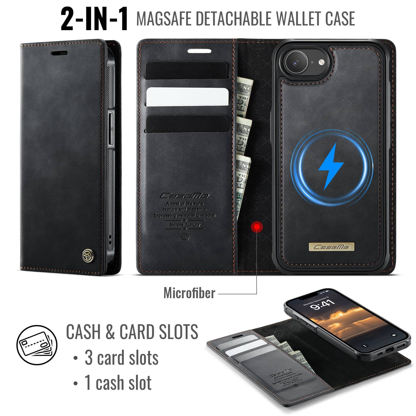 Magnetic 2 in 1 Magsafe Detachable Wallet Case for iPhone 16e with Card Holder Women Men, Retro PU Leather【RFID Blocking】Kickstand Shockproof Cover