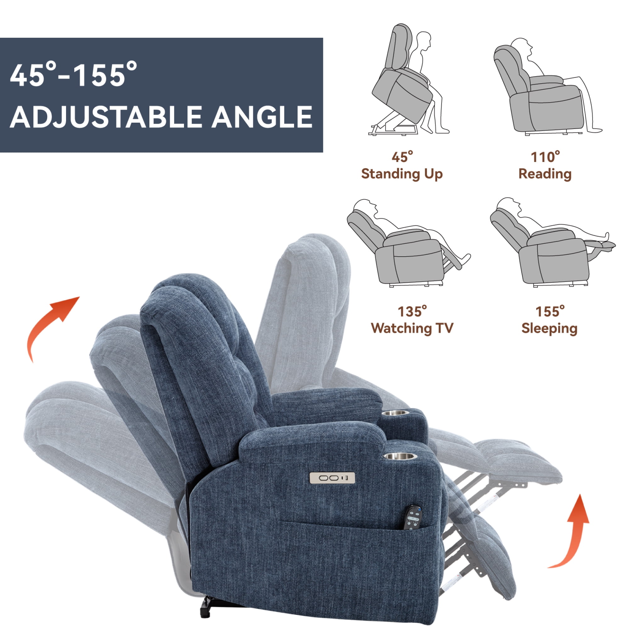 Large Power Lift Recliner Chair with Massage and Heat for Elderly,Chenille Overstuffed Wide Recliners with USB and Type C Ports, 2 Steel Cup Holders,Blue