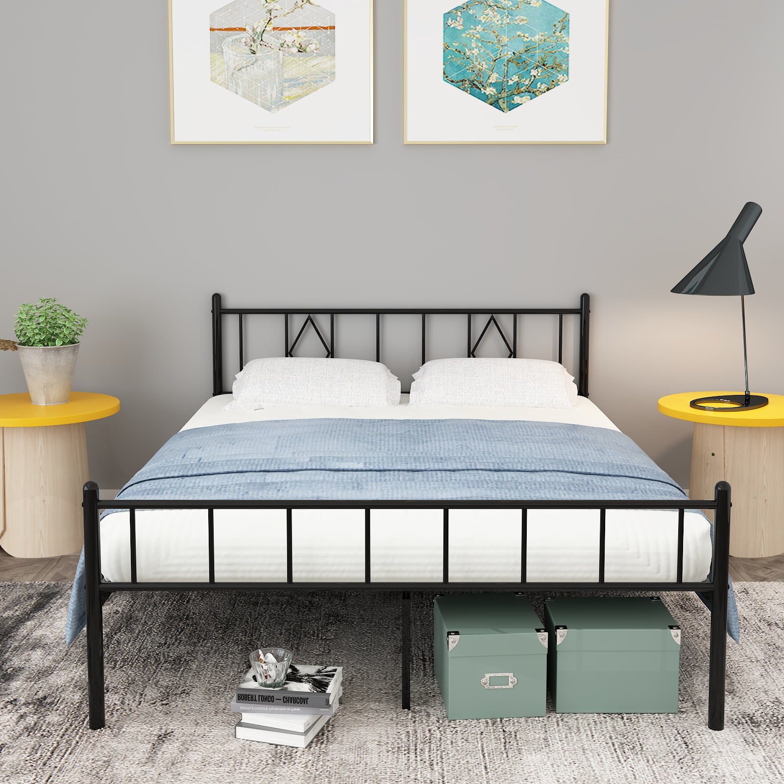 MAYEERTY 14"H Queen Size Metal Bed Frames with Iron-Art Headboard, Footboard, No Box Spring Needed, Black