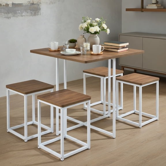 Topcobe 5 Pieces Metal Frame Dining Set with Compact Dining Table and 4 Stools, Living Dining Room Furniture Set, Natural