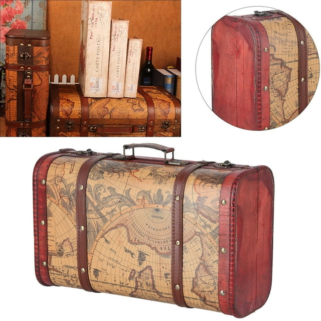 Vintage Suitcase Portable Composite Wood Map Pattern Design Vintage Storage Chest