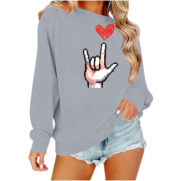 Lcziwo Heart Sweatshirts for Women Cute Love Graphic Casual Shirts Long Sleeve Crewneck Pullover Trendy Clothes Gray,S