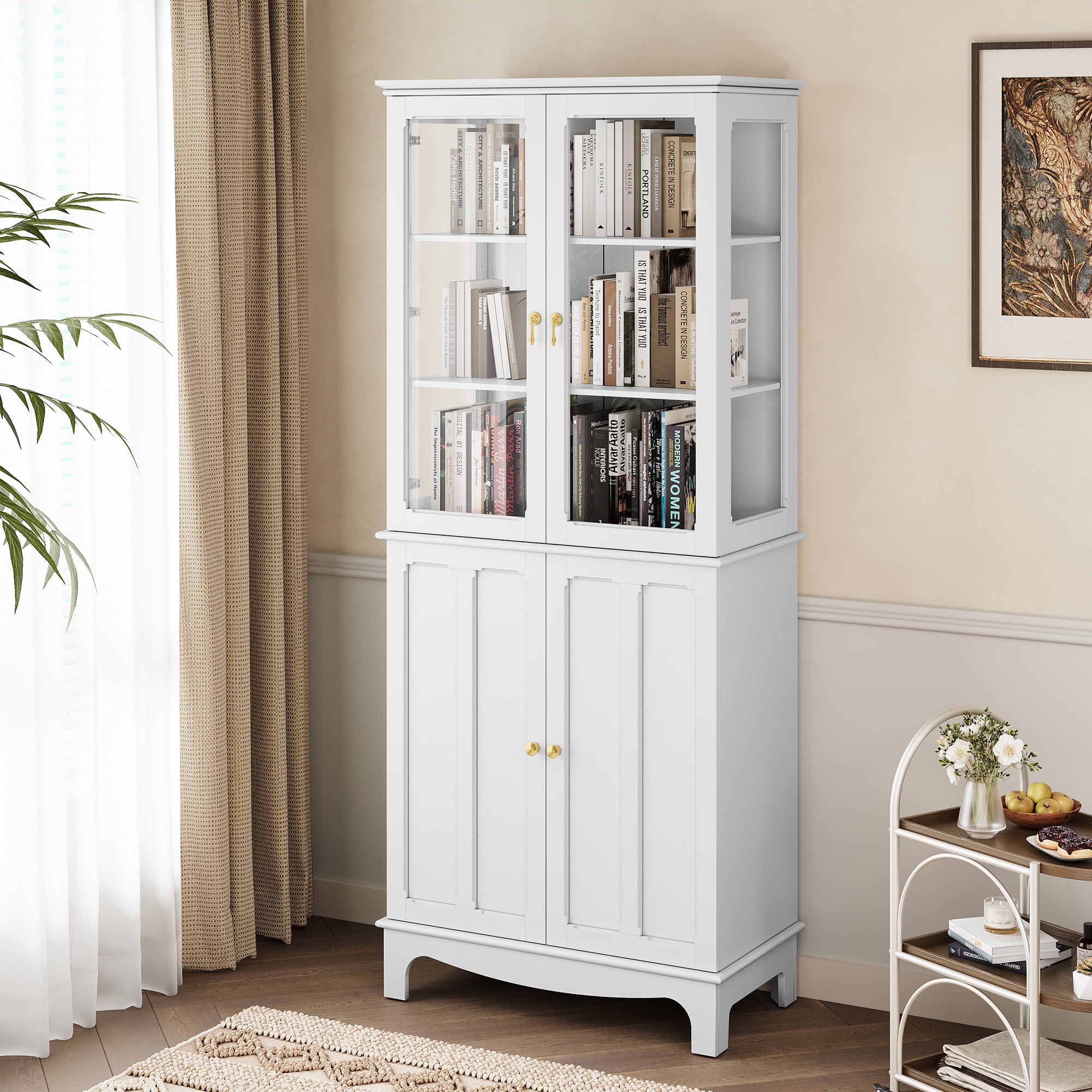 HLR 72 " Freestanding Kitchen Pantry Storage Sideboard,Glass Display Cabinet with Doors, White