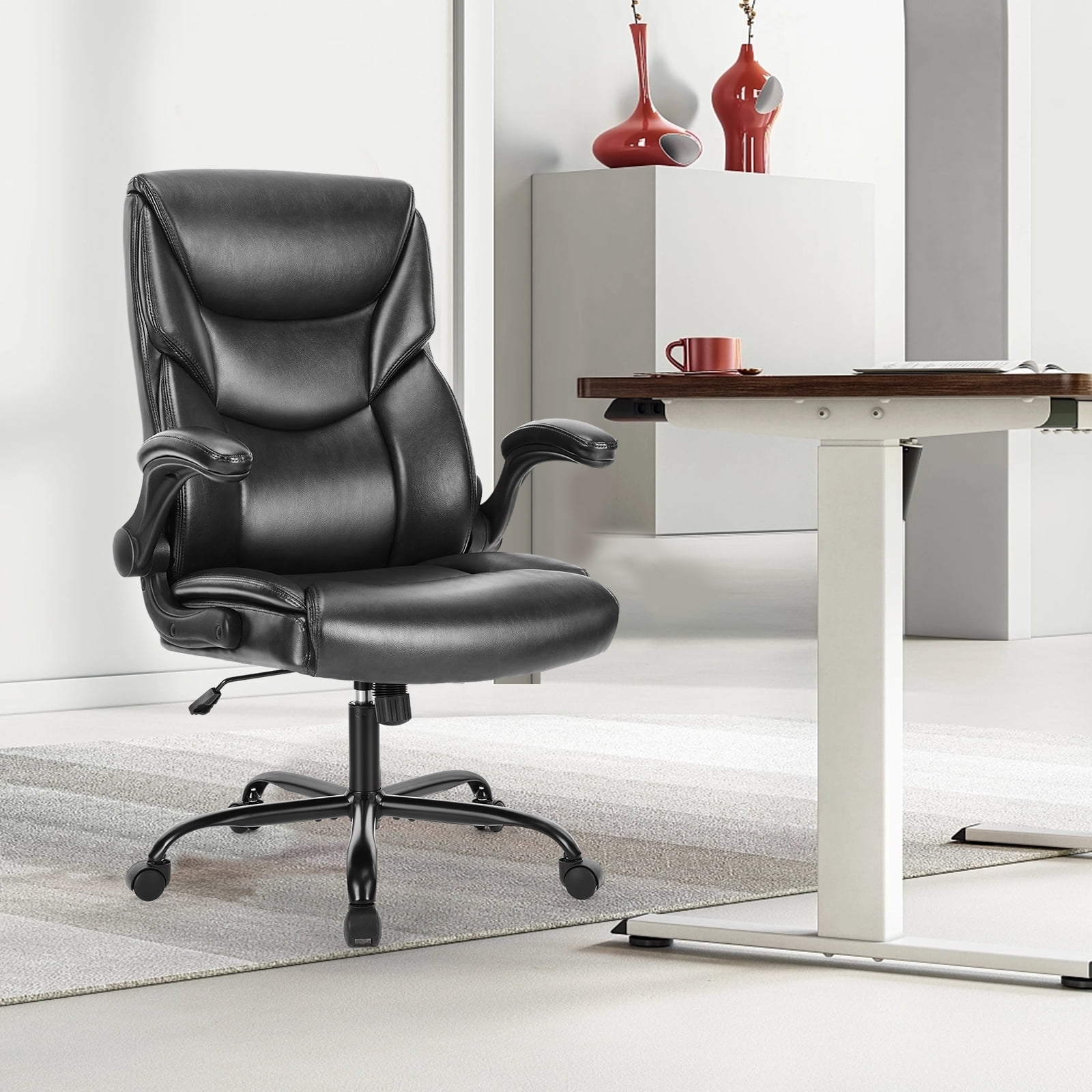 CONCETTA Leather Office Chair with Flip-Up Armrests, Black