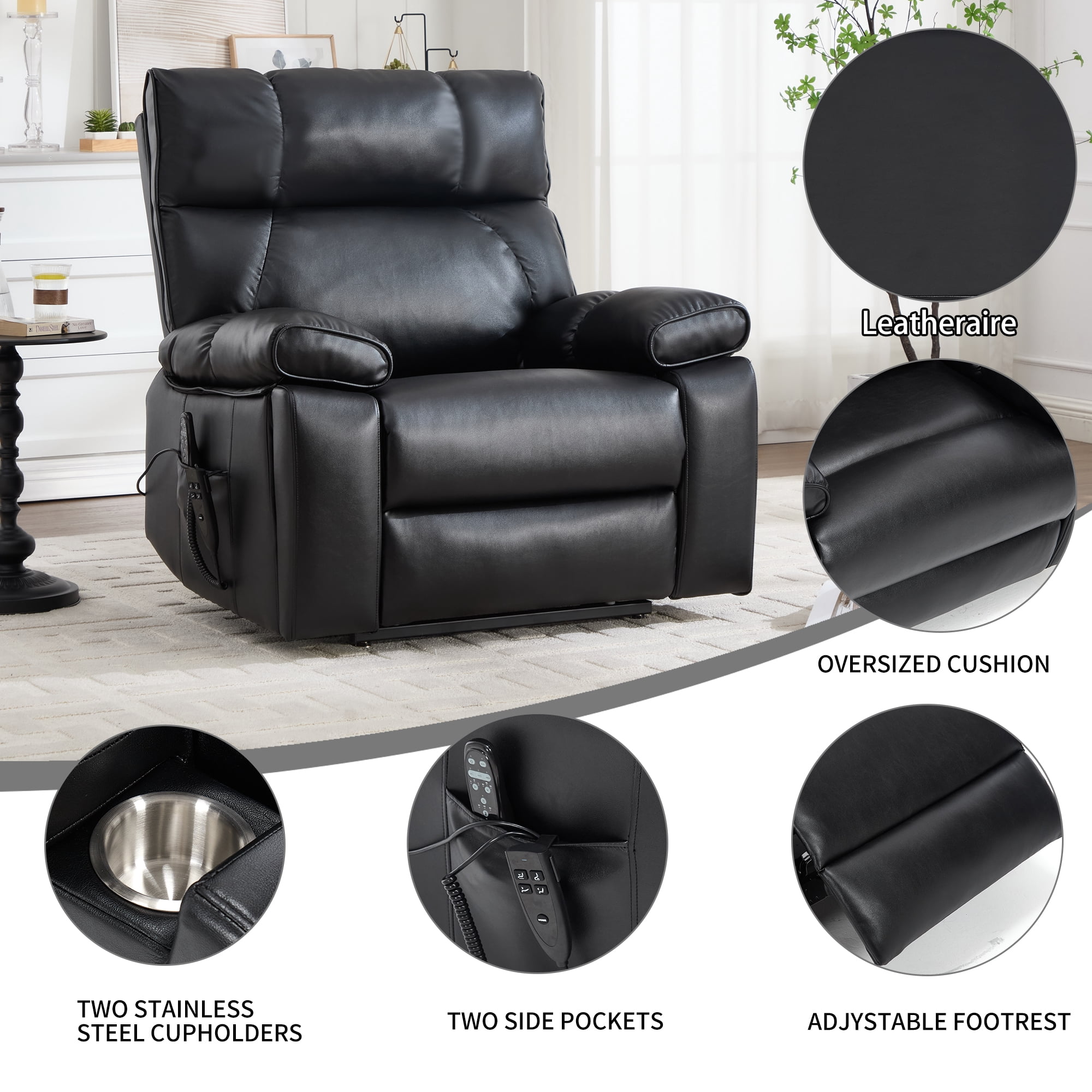 Power Lift Recliner Chair with Massage and Heat,Faux Leather Soft Chair with USB Charging&Cup Holders, Infinite Position Reclining,Heavy Duty 350 LBS Capacity