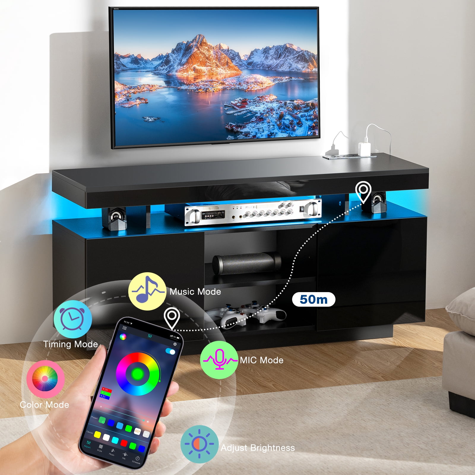 TV Stand with LED Lights for TVs up to 55 Inch TV Console Storage Cabinet Entertainment Center