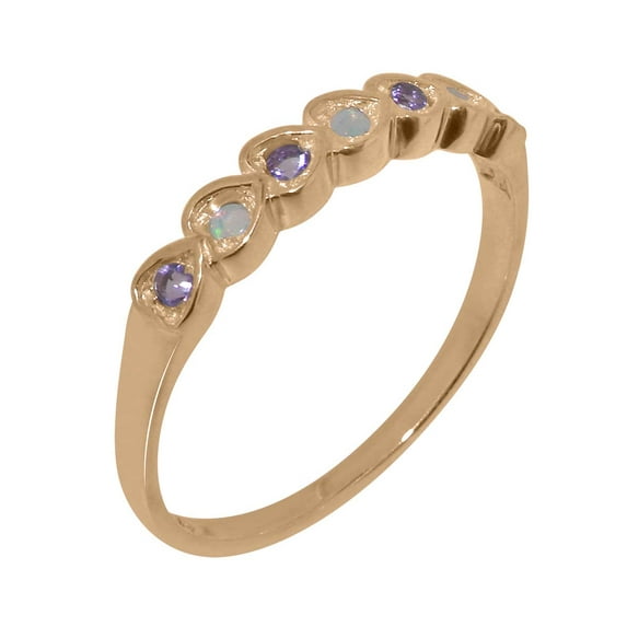 LBG British Made 14k Rose Gold Real Natural Opal & Amethyst Womens Eternity Ring - 33 size options - Size 8