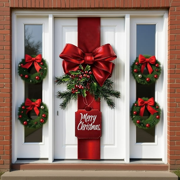 Seyotauo Merry Christmas Door Cover 35x71 Christmas Gift Box Present Hanging Banner Decoration Winter Holiday Bow Window Door Cover Stripes Ornaments Year Party Home Wall Outdoor