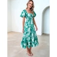 thumbnail image 2 of Women'S Summer Casual Midi Dress Puffy Short Sleeve Square Neck Smocked Tiered Ruffle Dresses Green Flowers S, 2 of 5