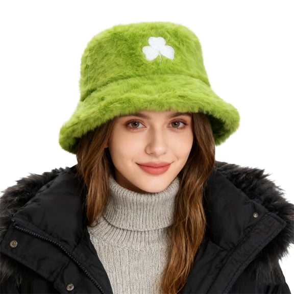 LSQii Womens Winter Faux Fur Bucket Hats Fuzzy Warm Shamrock Fisherman Caps Casual Plush Soft St. Patrick's Day Irish Party Fashion Accessorie Light Green