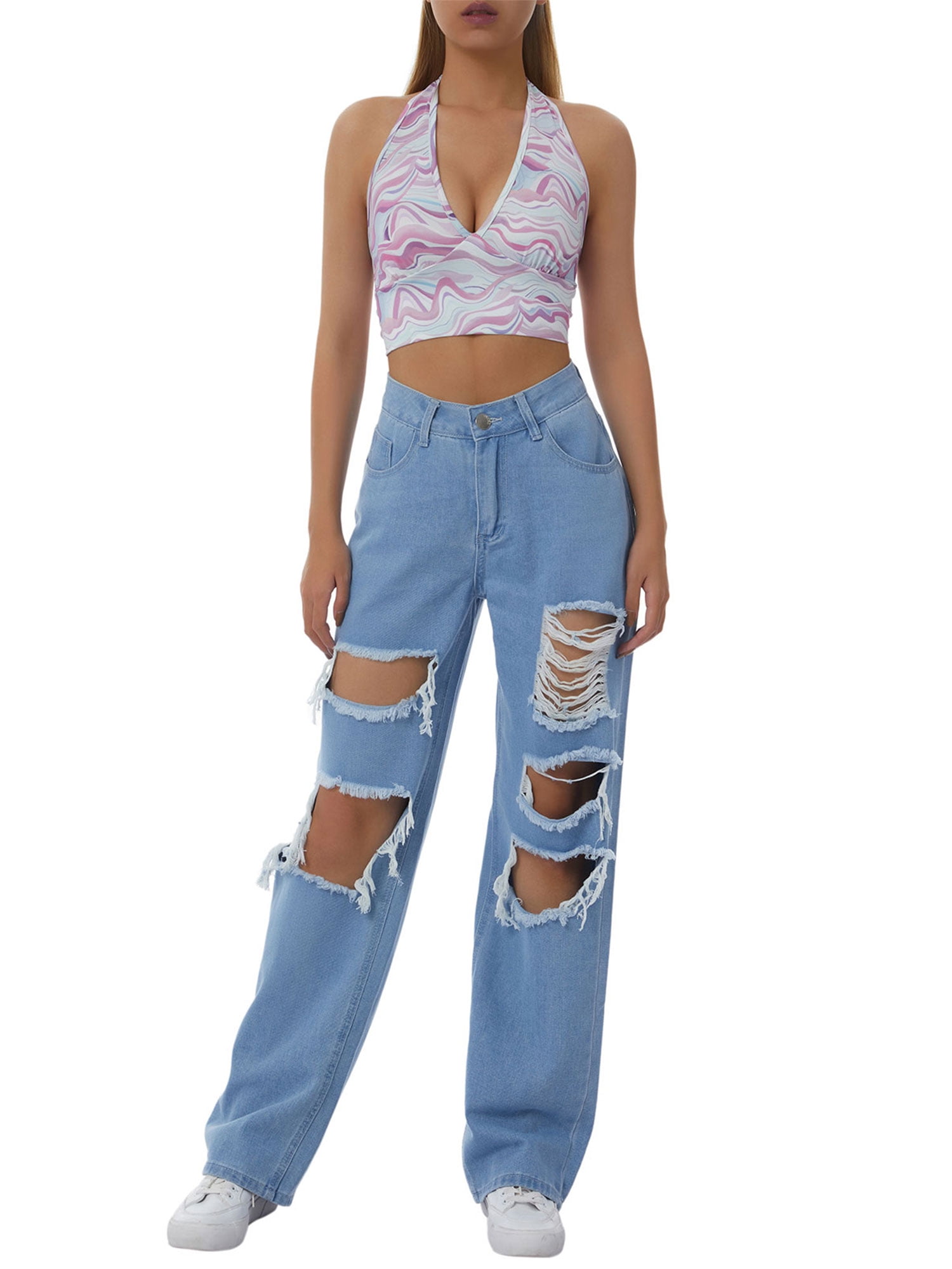 Awoscut Women Ripped Baggy Jeans Casual 