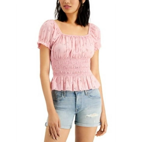 Planet Gold Juniors’ Smocked Puff-Sleeve Eyelet Top, Zephyr, Large