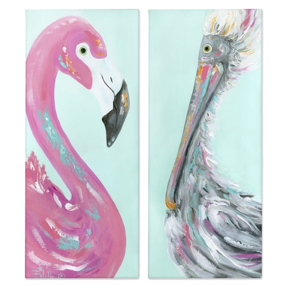 Stupell Industries Odd Flamingo Pelican Profile Animals Painting Wrapped Canvas Art Print Wall Art, 10 x 24, Set of 2