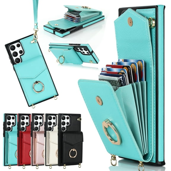 Dteck for Samsung Galaxy S22 Ultra Case Wallet with RFID Blocking Card Holder Slots Metal Ring Holder PU Leather Shockproof Protective Cover with Wrist Strap Shoulder Strap for Samsung S22 Ultra,Mint