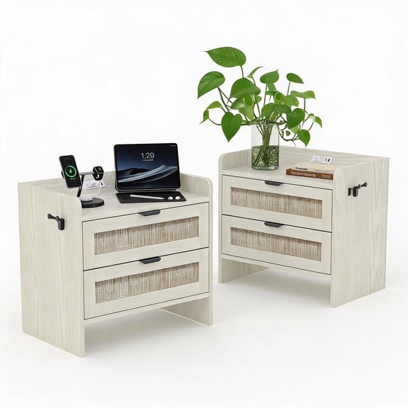 Panapinka Set of 2 Rattan Nightstands with Built-in Charging Station, 2 Drawer Bedside Table with USB & Type-c Port, Modern Side End Table for Bedroom Living Room Office