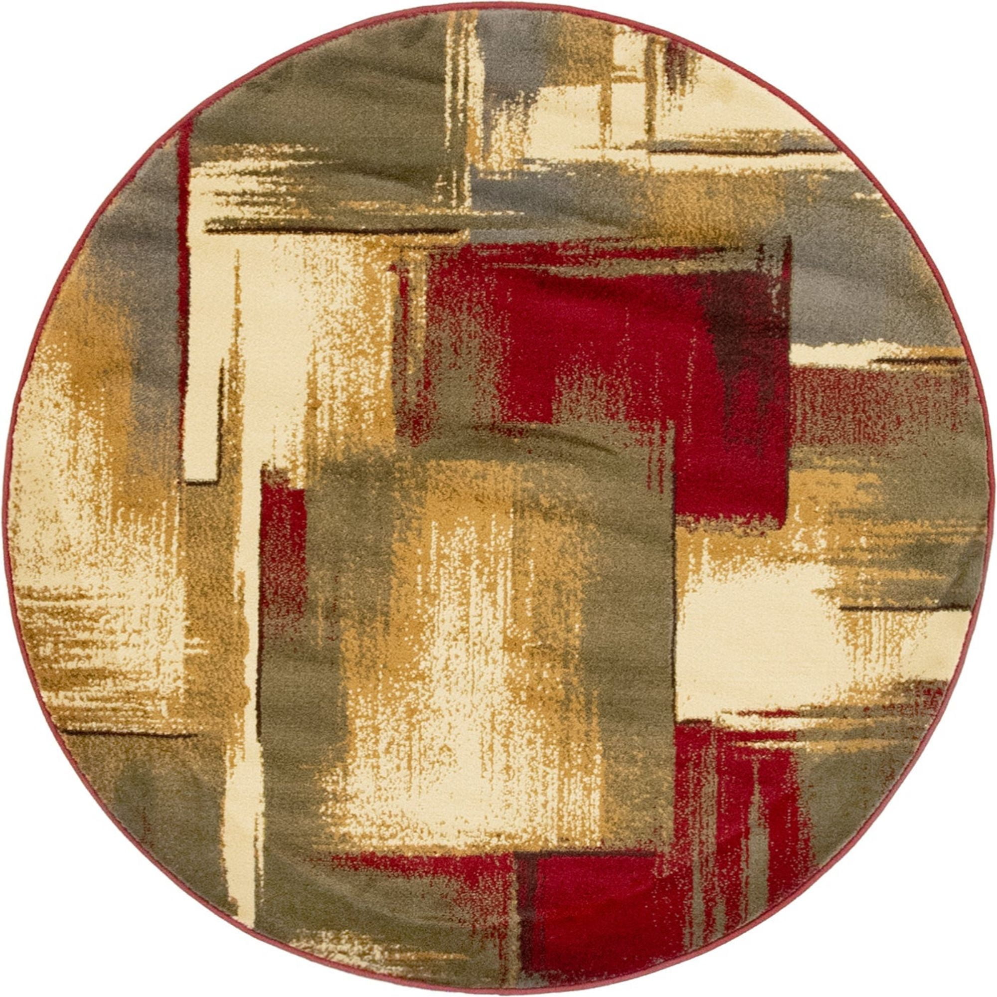 4' Burgundy Red and Olive Green Geometric Round Area Throw Rug