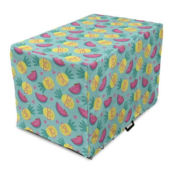 Summer Dog Crate Cover, Nerd Pineapple Faces Along Smart Girly Smiling Watermelons Exotic Friend, Easy to Use Pet Kennel Cover Small Dogs Puppies Kittens, 7 Sizes, Pink Mustard Turquoise, by Ambesonne