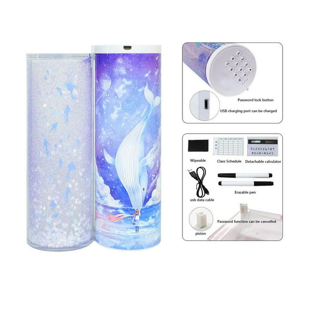 Pencil Case with Code Lock, Large Capacity Stationery Box with Quicksand DesignDoubleOpening Independent Space Clasp for School Storage