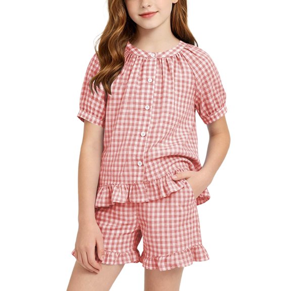 Tdoqot Girls Ruffle Plaid Outfits Set- Casual Short Sleeve Summer Button Down Shirts and Shorts Kids Clothes Pink Size 6-14